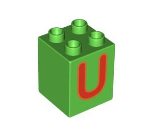 LEGO Bright Green Duplo Brick 2 x 2 x 2 with Red 'U' (31110 / 93017)