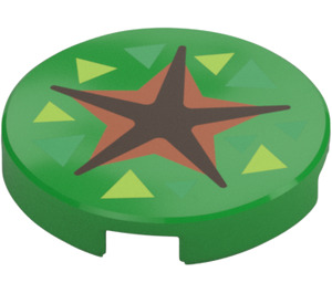 LEGO Bright Green Tile 2 x 2 Round with Black and Orange and Green Star with Bottom Stud Holder (14769 / 106551)