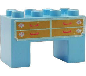 LEGO Bright Light Blue Duplo Brick 2 x 4 x 2 with 2 x 2 Cutout on Bottom with Drawers Sticker (6394)