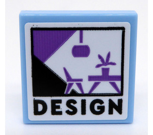 LEGO Bright Light Blue Tile 2 x 2 with Black 'DESIGN' Sticker with Groove (3068)