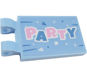 LEGO Bright Light Blue Tile 2 x 3 with Horizontal Clips with "PARTY' Sticker (Thick Open 'O' Clips) (30350)