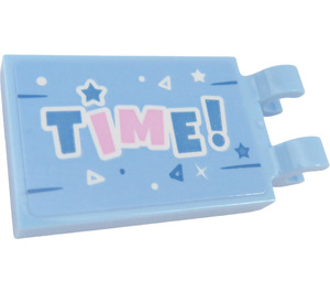LEGO Bright Light Blue Tile 2 x 3 with Horizontal Clips with 'TIME!' Sticker (Thick Open 'O' Clips) (30350)
