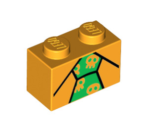 LEGO Bright Light Orange Brick 1 x 2 with Green Tie with Skulls with Bottom Tube (3004 / 33613)