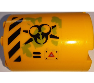 LEGO Světle oranžová Válec 2 x 4 x 4 Polovina s Caution Traingle, Danger Pruhy, Černá Biohazard Symbol, Ooze & Vent Patterns Levý Postranní Samolepka (6218)