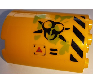 LEGO Helder lichtoranje Cilinder 2 x 4 x 4 Halve met Caution Traingle, Danger Strepen, Zwart Biohazard Symbol, Ooze & Vent Patterns Rechts Kant Sticker (6218)