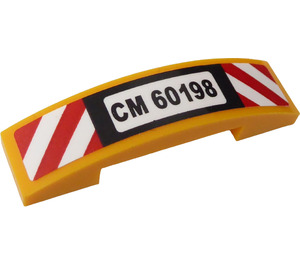 LEGO Bright Light Orange Slope 1 x 4 Curved Double with 'CM60198', Red and White Danger Stripes Sticker (93273)