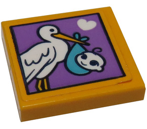 LEGO Bright Light Orange Tile 2 x 2 with Stork and Baby Sticker with Groove (3068)