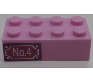 LEGO Klarrosa Kloss 2 x 4 med 'No.4', Jug, Bowls Klistermärke (3001)