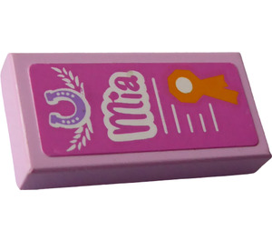 LEGO Bright Pink Tile 1 x 2 with Mia, Stables Logo, and Prize Ribbon Sticker with Groove (3069)