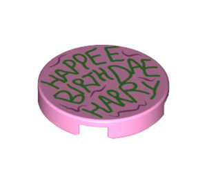 LEGO Bright Pink Tile 2 x 2 Round with "Happee Birtdae Harry" with Bottom Stud Holder (14769 / 78118)