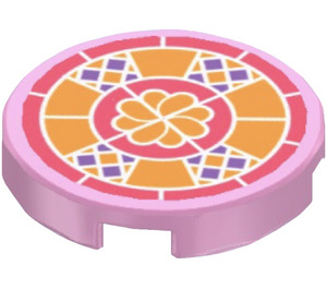 LEGO Bright Pink Tile 2 x 2 Round with Orange Patterned Tile Sticker with Bottom Stud Holder (14769)