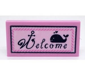 LEGO Fel roze Tegel 2 x 4 met Dark Blauw 'Welcome' en Walvis Sticker (87079)