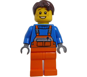 LEGO Brown Hair, Freckles, Open Smile with Orange Overalls with Straps Minifigure