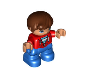 LEGO Kind mit Braun Haar, Rot oben mit Zip, Blau Schlauch Duplo-Figur