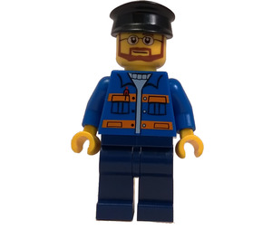 LEGO Christmas Tree Cart Driver with Blue Shirt with Orange Stripes, Dark Blue Legs, Beard, Glasses, and Black Hat Minifigure