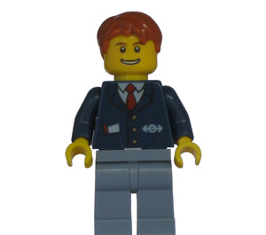 LEGO Conductor avec Dark Bleu Jacket avec Railway logo, Dark Orange Cheveux et Smile Expression Figurine