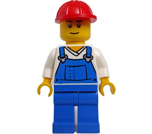 LEGO Construction Worker in Blue Overalls and Red Helmet Minifigure