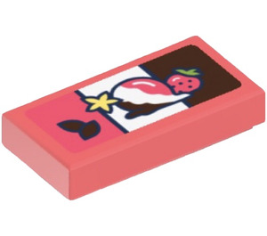LEGO Coral Tile 1 x 2 with Strawberry Ice Cream Sticker with Groove (3069)