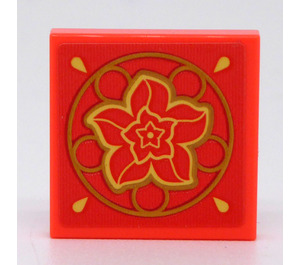 LEGO Coral Tile 2 x 2 with Flower in Gold Circle Sticker with Groove (3068)