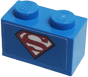 LEGO Dark Azure Backstein 1 x 2 mit Superman 'S' Logo Aufkleber mit Unterrohr (3004)
