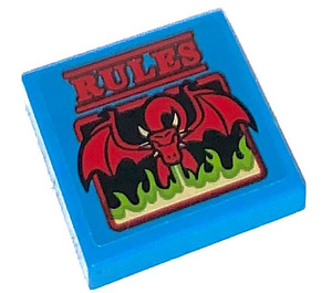 LEGO Dark Azure Tile 2 x 2 with RULES Sticker with Groove (3068)