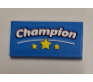 LEGO Dark Azure Tile 2 x 4 with 'Champion' Sticker (87079)