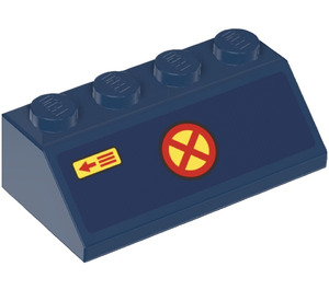 LEGO Dark Blue Slope 2 x 4 (45°) with Red Cross in Circle Icon and Small Arrow (Left) Sticker with Rough Surface (3037)