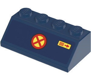 LEGO Dark Blue Slope 2 x 4 (45°) with Red Cross in Circle Icon and Small Arrow (Right) Sticker with Rough Surface (3037)