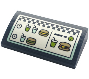 LEGO Dark Blue Slope 2 x 4 Curved with Checker, Drinks, Hamburgers Sticker with Bottom Tubes (88930)