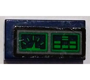 LEGO Dark Blue Tile 1 x 2 with Green dashboard display Sticker with Groove (3069)