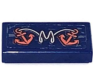 LEGO Dark Blue Tile 1 x 2 with "M" and Anchors Sticker with Groove (3069)