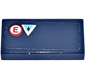 LEGO Dark Blue Tile 1 x 2 with Red E in Red Circle/Azur Triangle Sticker with Groove (3069)