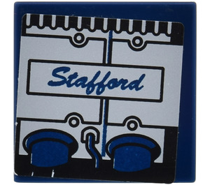LEGO Dark Blue Tile 2 x 2 with "Stafford" (Left) Sticker with Groove (3068)