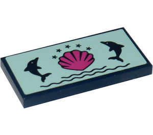 LEGO Dark Blue Tile 2 x 4 with 2 dolphins and dark pink shell Sticker (87079)