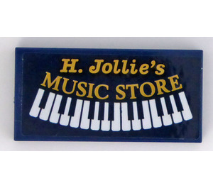 LEGO Dark Blue Tile 2 x 4 with Gold 'H. Jollie's MUSIC STORE' and Piano Keyboard Sticker (87079)