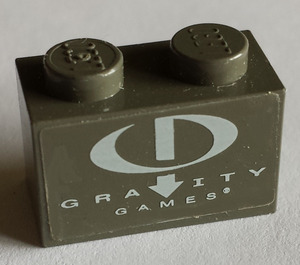 LEGO Dark Gray Brick 1 x 2 with Gravity Games Logo Sticker with Bottom Tube (3004 / 93792)