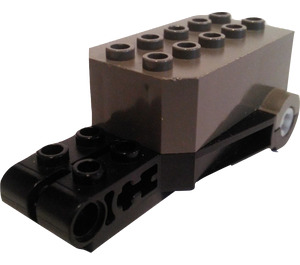 LEGO Dunkelgrau Pullback Motor 9 x 4 x 2 1/3 mit schwarzer Basis, weißen Achslöchern und Bolzen an der vorderen Oberseite (32283)