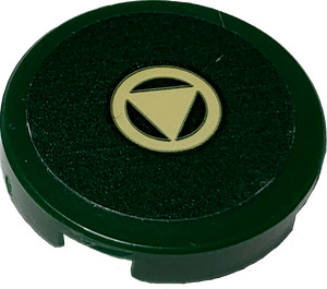 LEGO Dark Green Tile 2 x 2 Round with Tan Triangle in Circle Sticker with Bottom Stud Holder (14769)