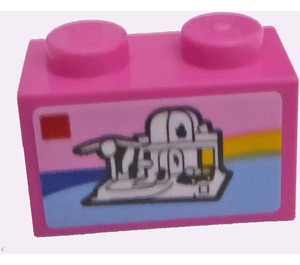 LEGO Dark Pink Brick 1 x 2 with White House on the Beach Sticker with Bottom Tube (3004)