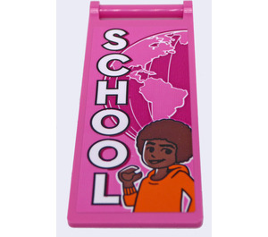 LEGO Dark Pink Flag 7 x 3 with Bar Handle with White 'School', Boy and Half Earth globe Sticker (30292)