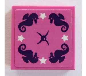 LEGO Dark Pink Tile 2 x 2 with Stars, Sea Horses and a Button in the Middle Sticker with Groove (3068)