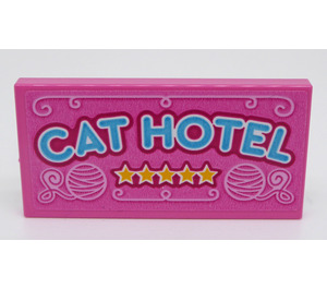 LEGO Dark Pink Tile 2 x 4 with Dark Azure 'CAT HOTEL' and 5 Stars Sticker (87079)