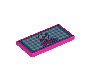 LEGO Dunkelpink Fliese 2 x 4 mit "Olivia" und Donut auf Checkered Carpet (55599 / 87079)
