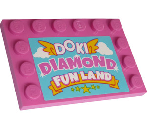 LEGO Dunkles Pink Fliese 4 x 6 mit Noppen auf 3 Edges mit 'DOKI', 'Diamant' und 'FUN LAND' Aufkleber (6180)