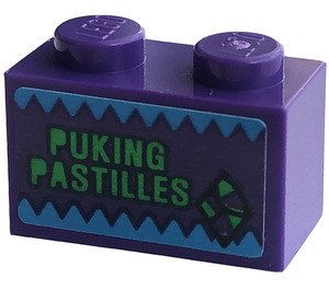 LEGO Dark Purple Brick 1 x 2 with 'PUKING PASTILLES' Sticker with Bottom Tube (3004)