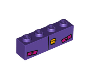 LEGO Dark Purple Brick 1 x 4 with Pink pockets and yellow Skull  (3010 / 33599)