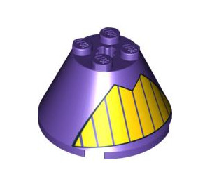 LEGO Dark Purple Cone 4 x 4 x 2 with Yellow stripes in a triangle with Axle Hole (3943 / 88128)
