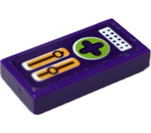 LEGO Dark Purple Tile 1 x 2 with Control panel Sticker with Groove (3069)