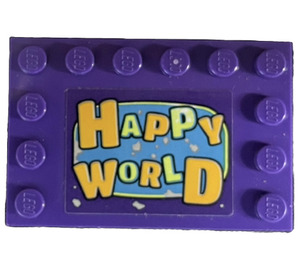 LEGO Tumma purppura Laatta 4 x 6 jossa Nupit päällä 3 Edges jossa 'HAPPY WORLD' Tarra (6180)