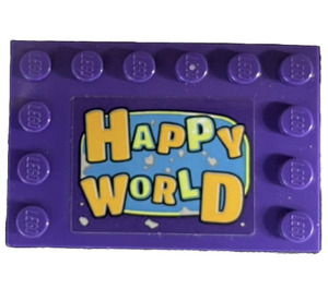 LEGO Dark Purple Tile 4 x 6 with Studs on 3 Edges with 'HAPPY WORLD' Sticker (6180)